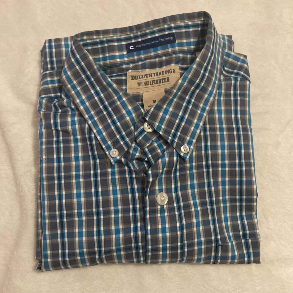 Duluth Trading Co. Wrinkle Fighter Men's Medium Blue Plaid‎ Button Down Shirt - Picture 9 of 9